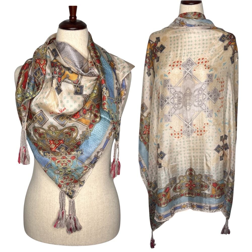 Johnny Was Silk Scarf Tassels Medallion Kaleidoscope Print Square 42x42 Blue